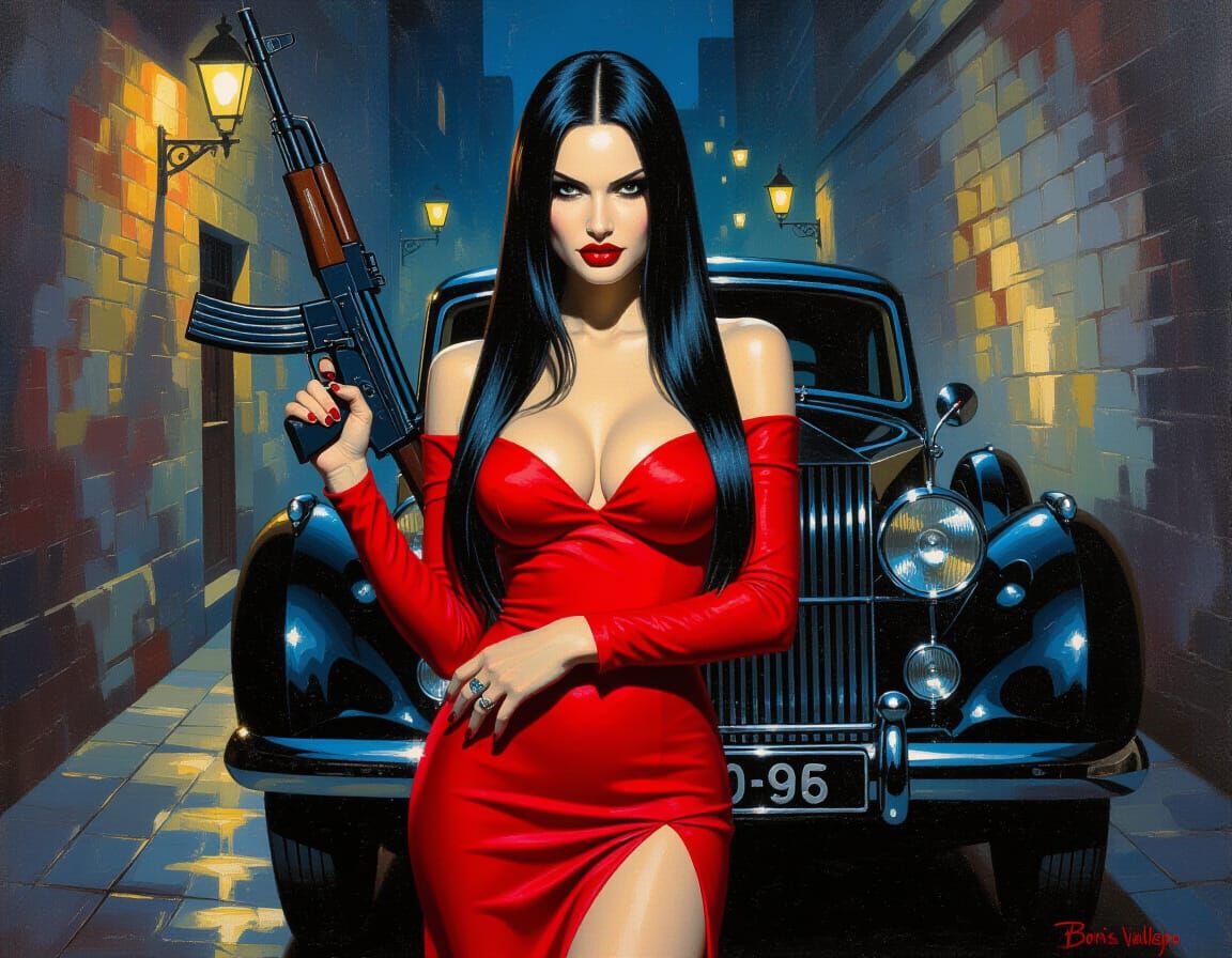 Gothic Woman with AK-47 in Expressionistic Oil Painting