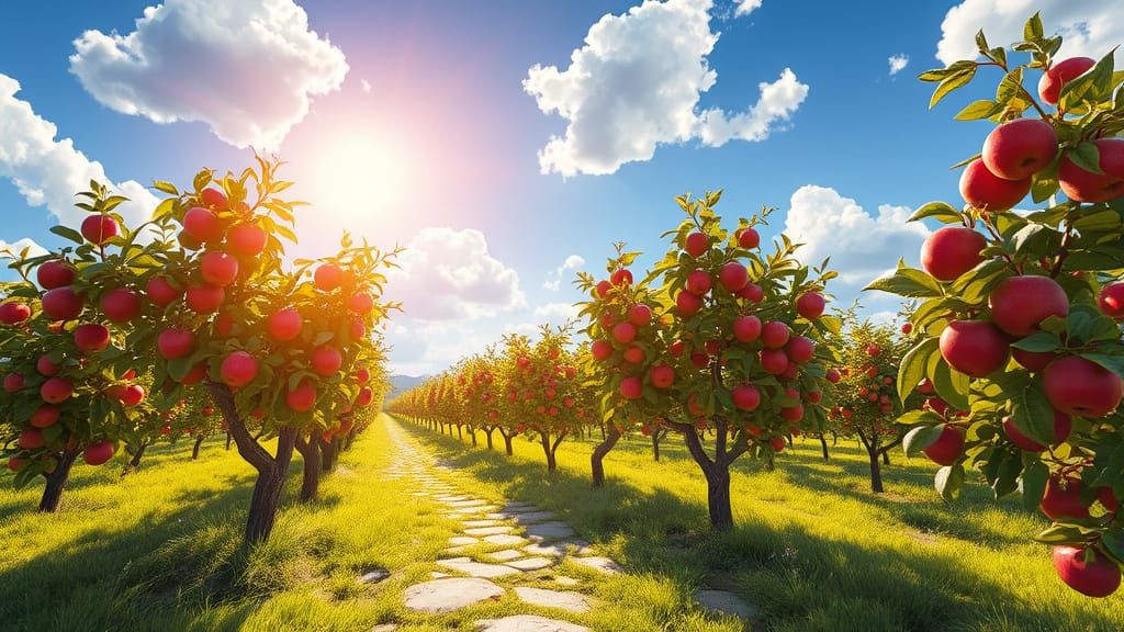 Sunlit Apple Orchard in Digital Painting Style