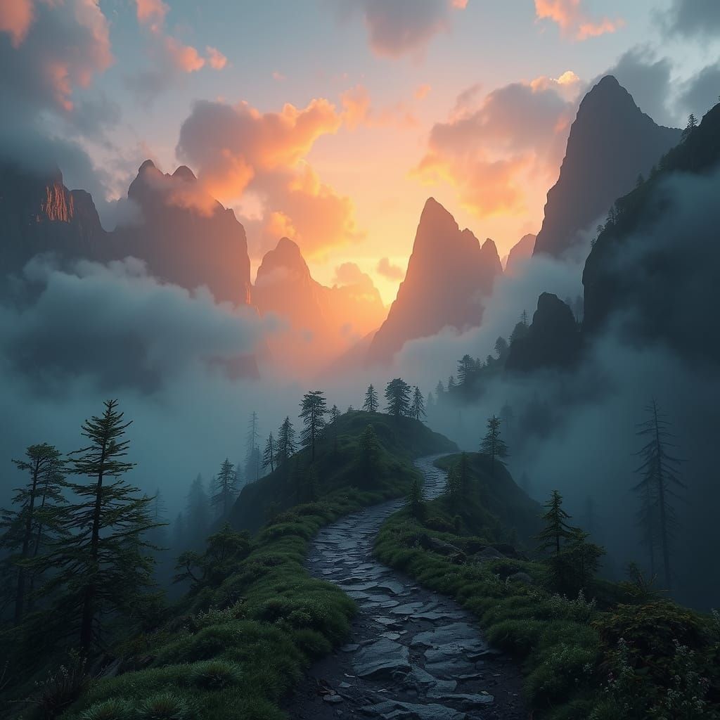 Ethereal Mountain Realm in Vibrant Sunset Hues