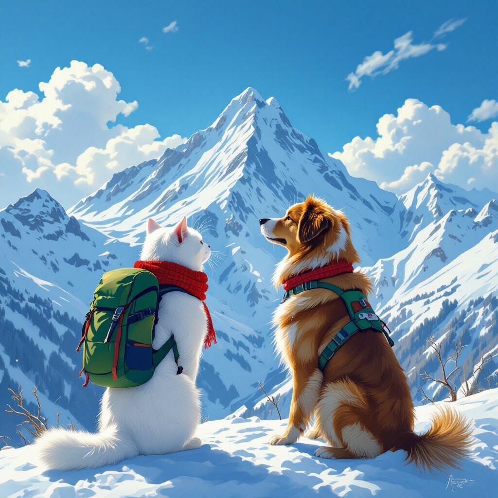 Determined Cat and Dog Climb Snowy Mountain