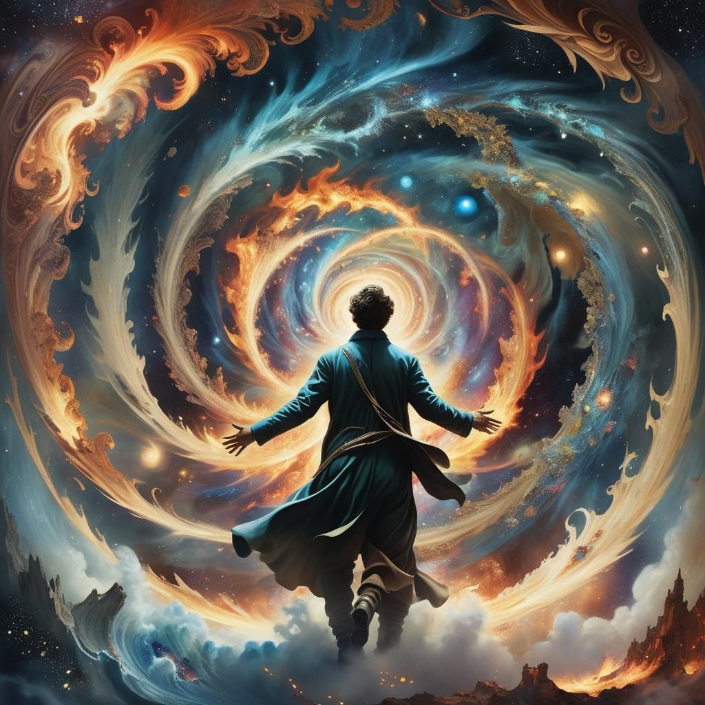 Surreal Figure Emerges from Cosmic Vortex as Impasto Paintin...