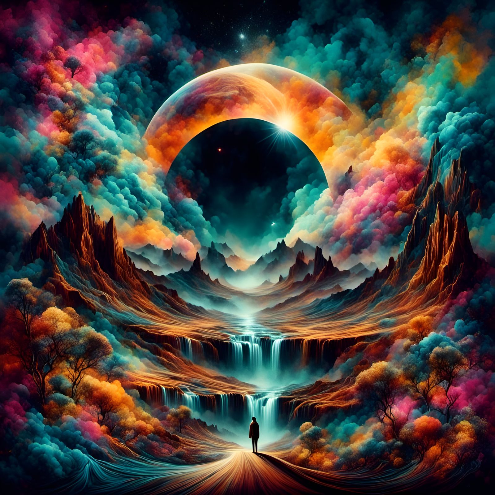 Surreal Desert Waterfall Galaxy Collage