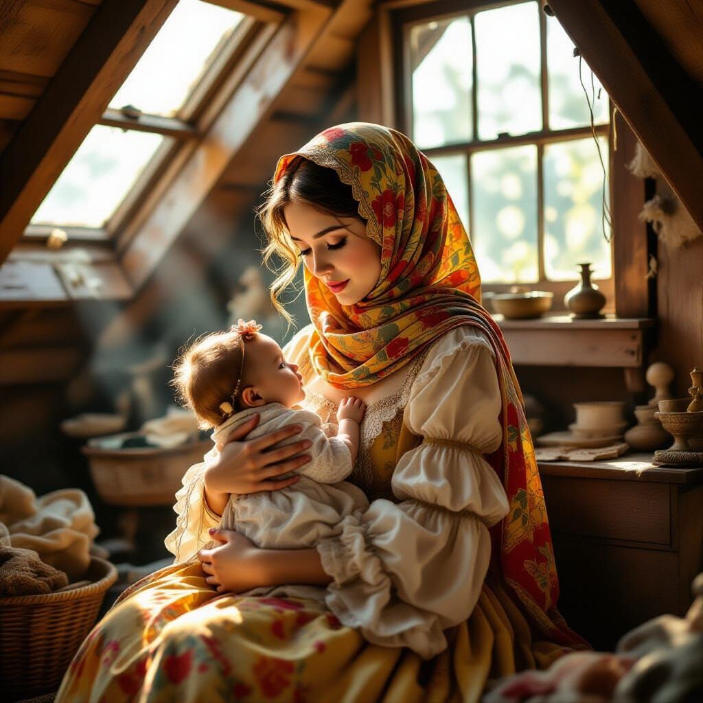 Sunlit Attic: Woman, Baby, and Antique Treasures