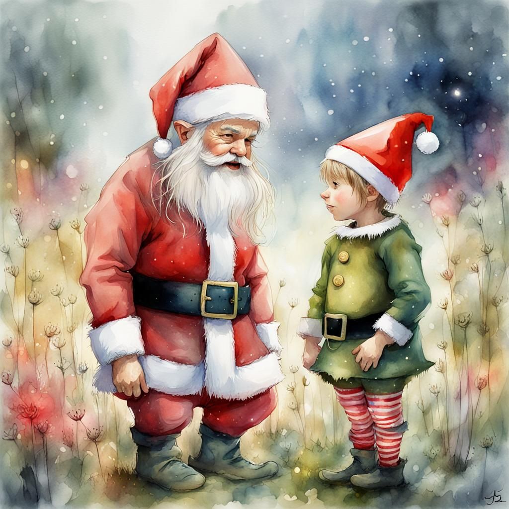 Christmas Elf and Santa in Watercolor Flower Meadow