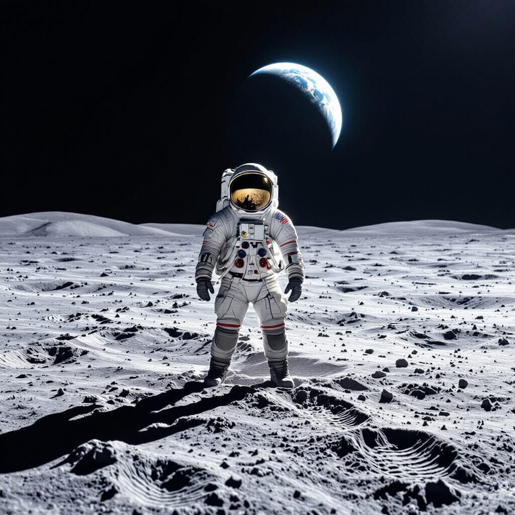 Astronaut on Moon Surface, Earth in Sky, Realistic Photo