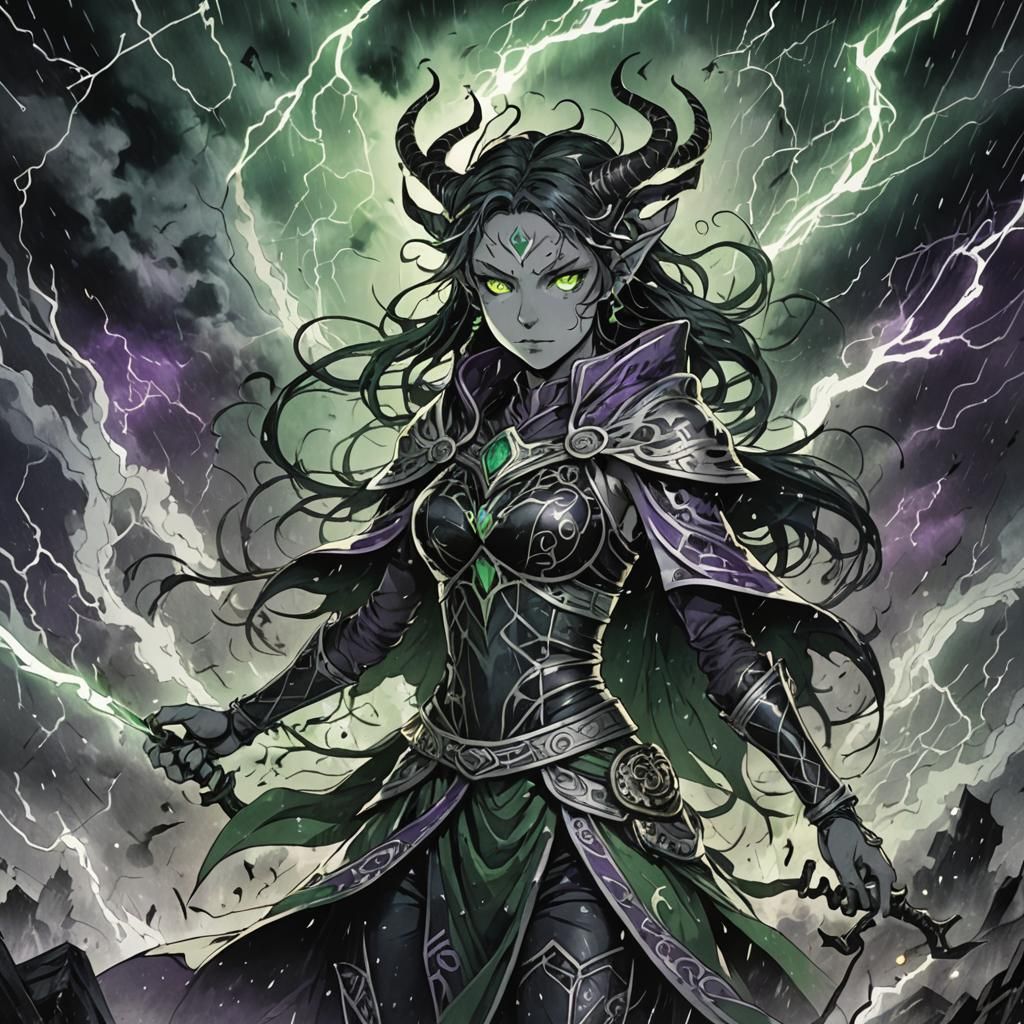 Tiefling Woman Amidst Elemental Tempest, Dark Fantasy Anime