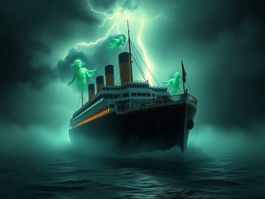 Ethereal Vessel Adrift in Haunting, Stormy Seas, as Cinemati...