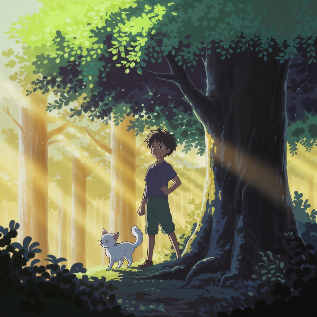 Confident Boy Surrounded by Forest in Cel-Shaded Anime Style