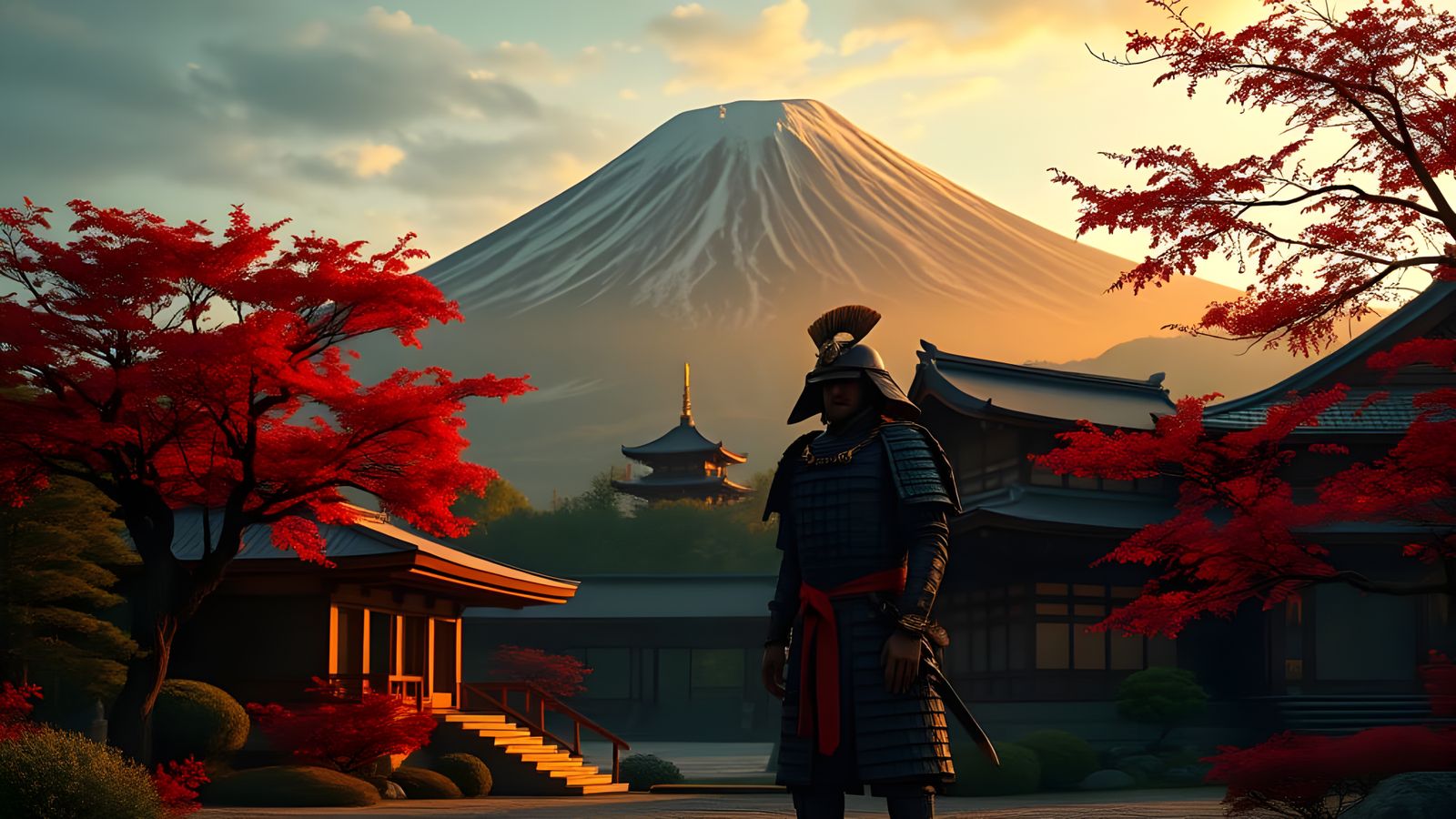 Ethereal Japanese Landscape with Samurai and Mount Fuji in C...