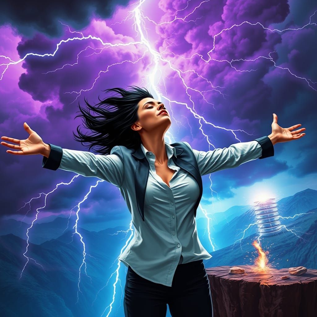 Empowered CEO Embraces Storm in Electric Scene