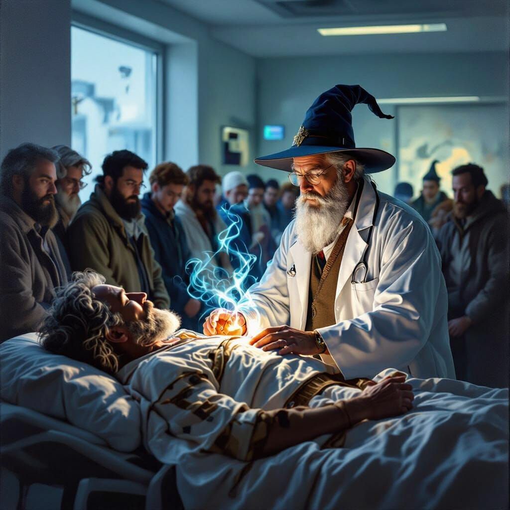 Wizard Doctor Heals Patient in Modern Clinic