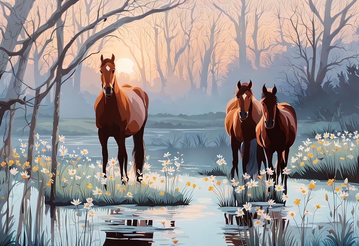 Surreal Spring Wildflower Landscape with Horses Drinking by....