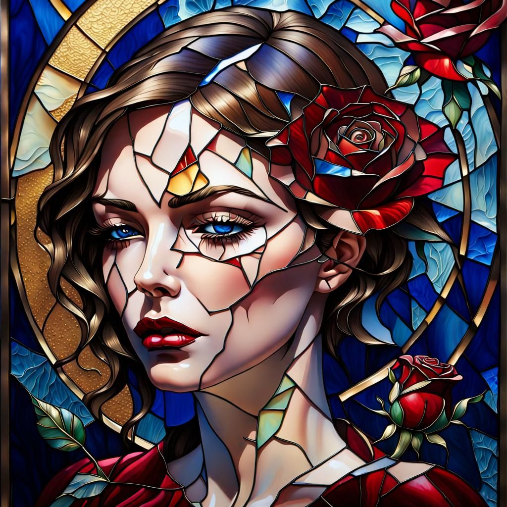 Stained Glass Rose Portrait in Surrealist Style