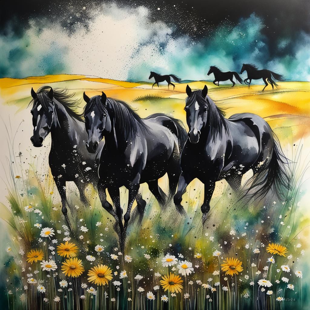 Black Horses in a Daisy Field: Alcohol Ink Art