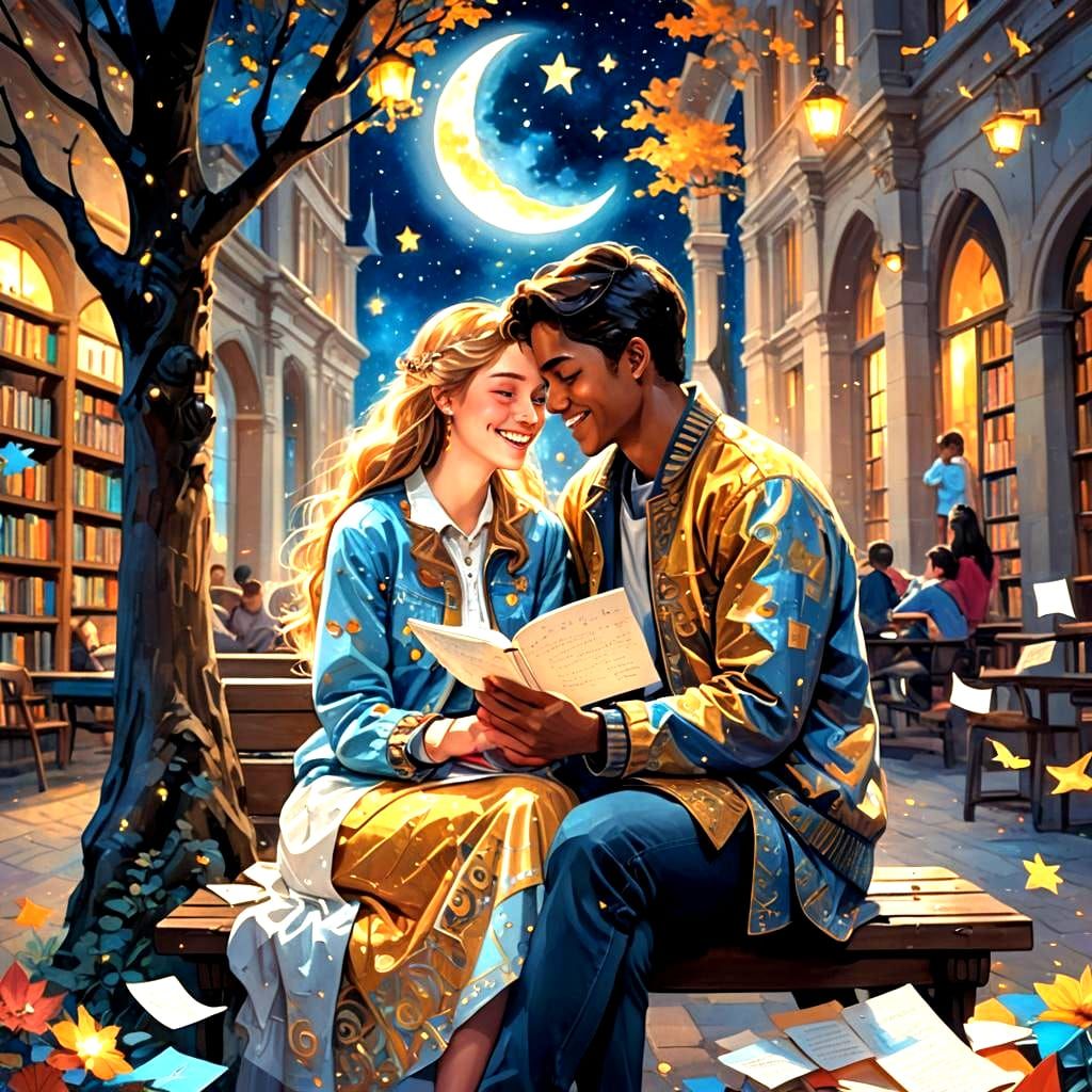 Lovers in Library with Gold Sparks and Moon Lighting
