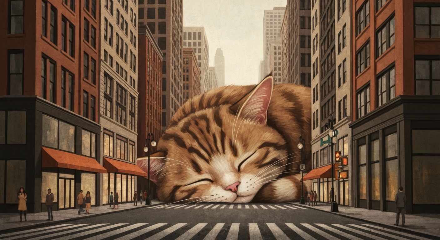 Gigantic Cat Sleeps Among New York Buildings in Gouache Styl...