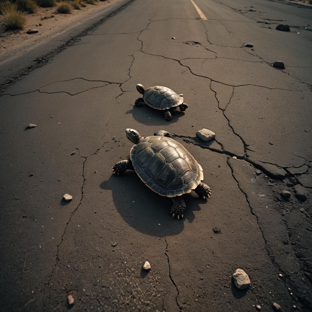 Wheeled Turtle on Barren Road in Film Noir Style
