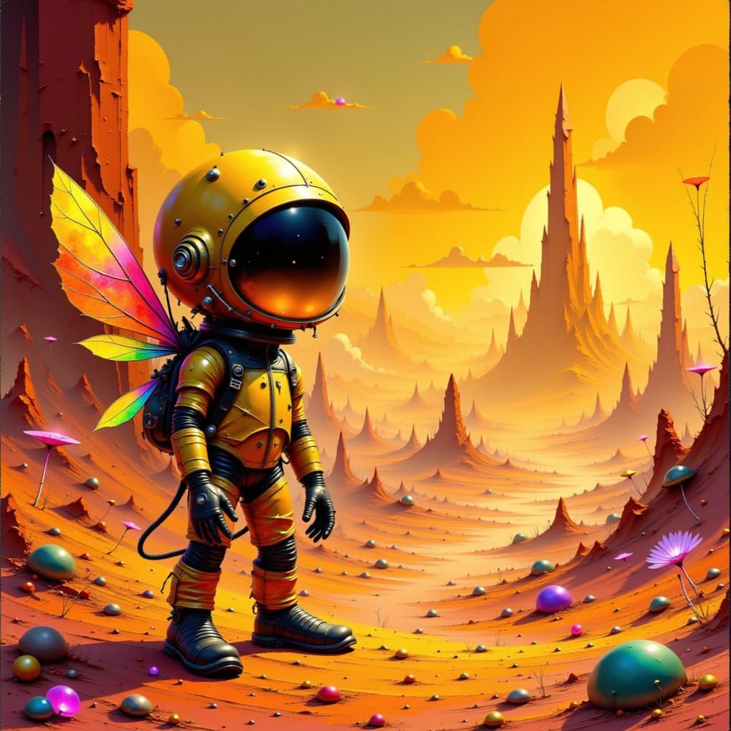 Retro-Futuristic Alien Explorer Amidst Utopian Cityscapes