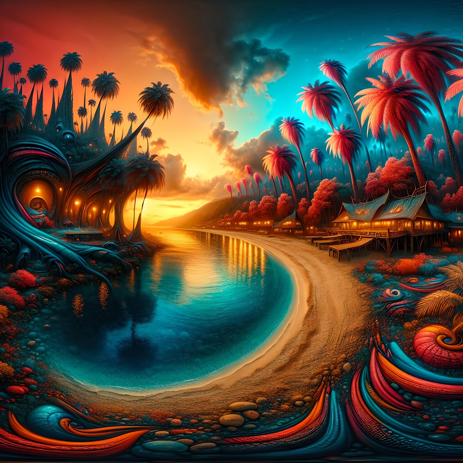 Tropical Beach Sunset in a Fantasy Matte Painting
