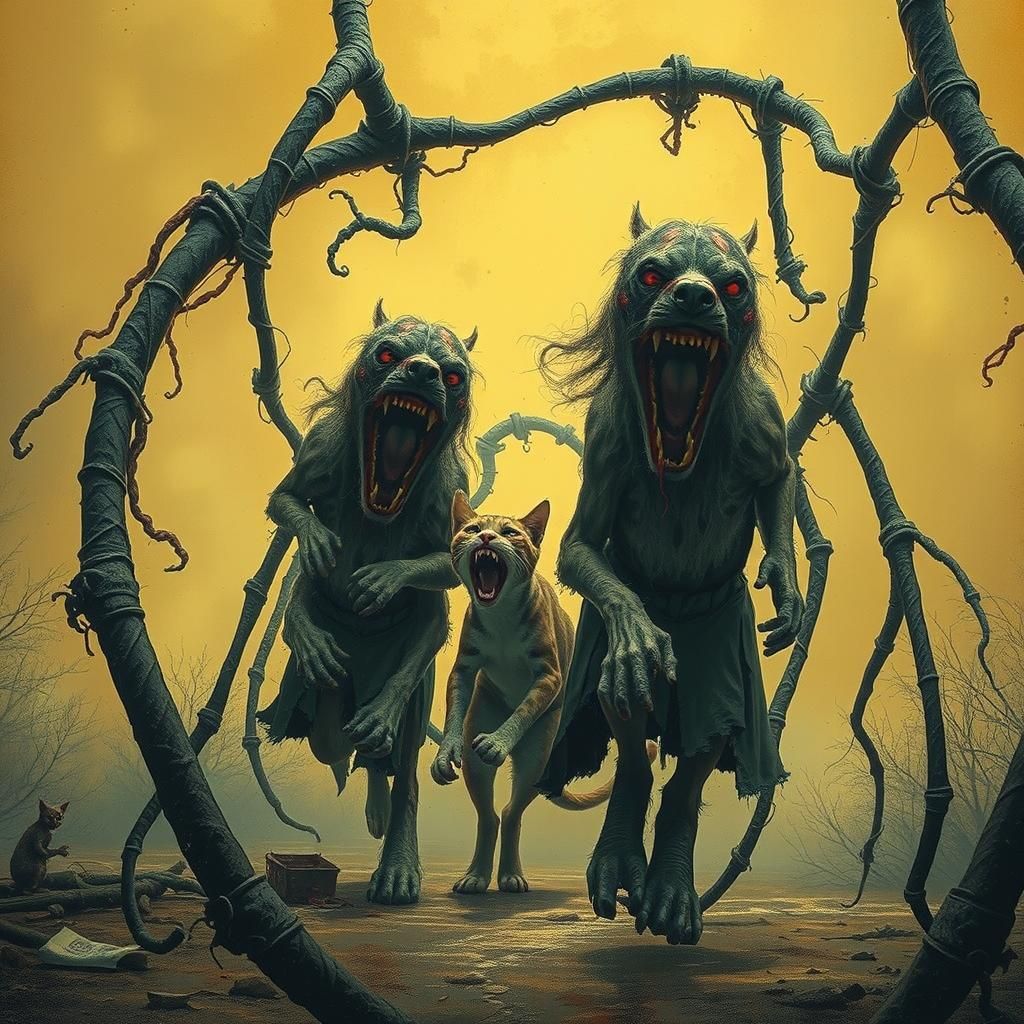 Feral Dogs Attack Cat in Biomechanical Horror Style