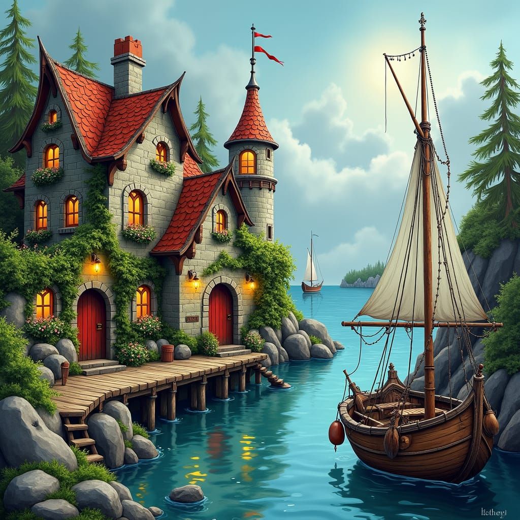 Whimsical Fantasy Village with Enchanted Cottages and Fishin...