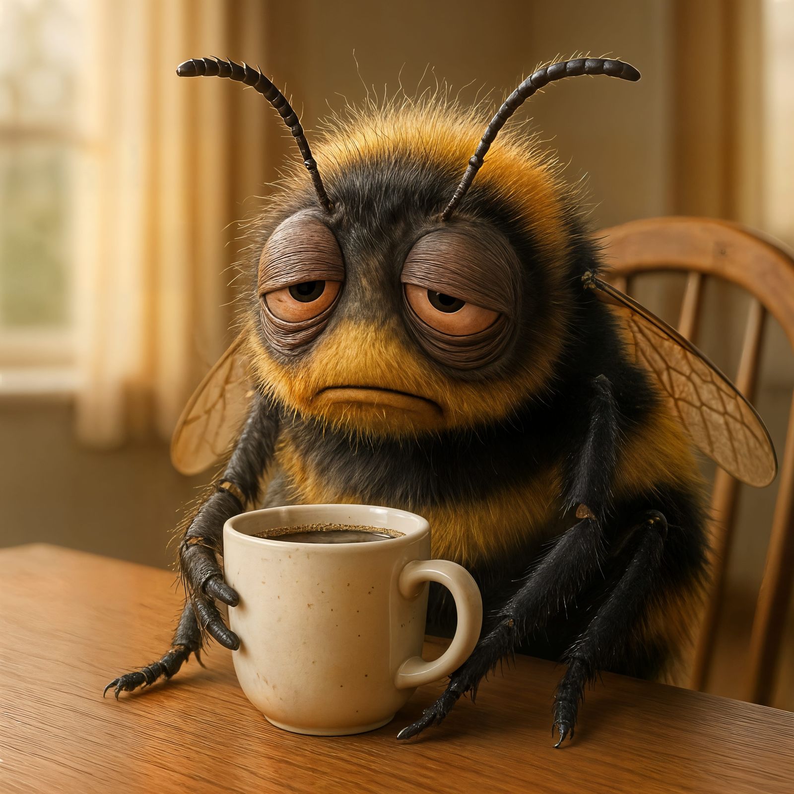 Tired Bumblebee Character with Coffee, CGI Render