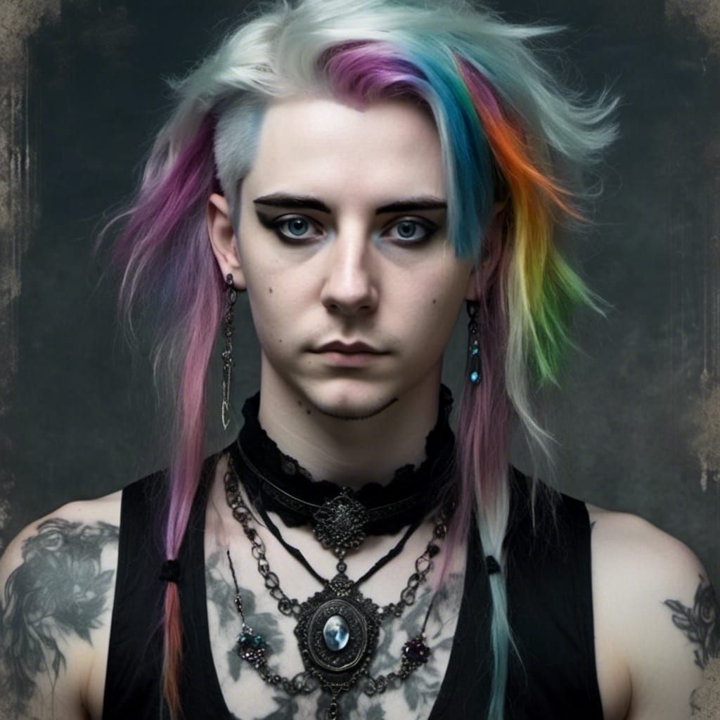Goth Young Man Portrait with Rainbow Hair