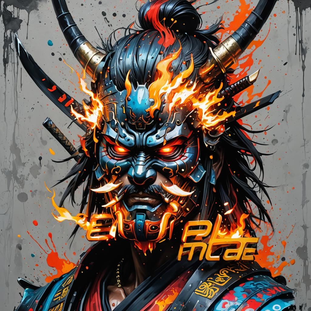 Cyberpunk Samurai Face Ablaze: Graffiti Art Style