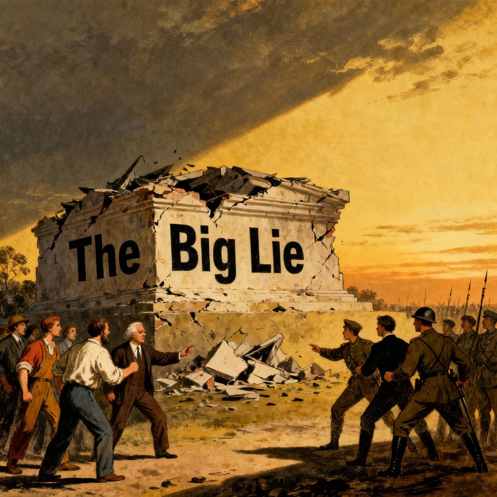 Crumbling Authoritarian Structure in Political Cartoon Style