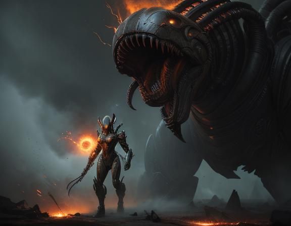 Armored Xenomorph Warrior in Sci-Fi Battlefield