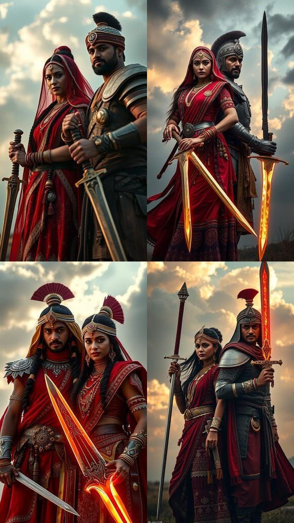 Rajputana Warrior Couple with Glowing Swords
