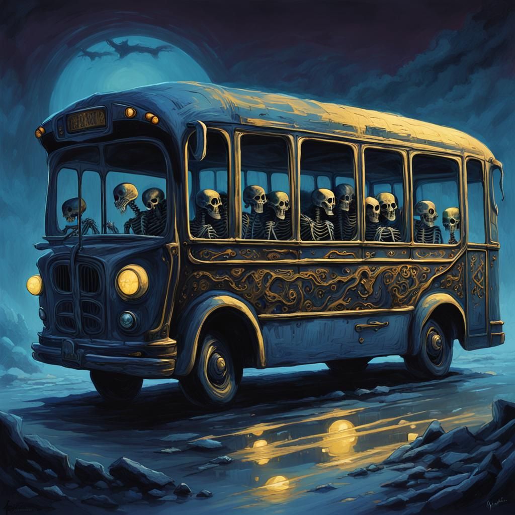 Skeletons Ride Eerie Bus in Dark Fantasy Art