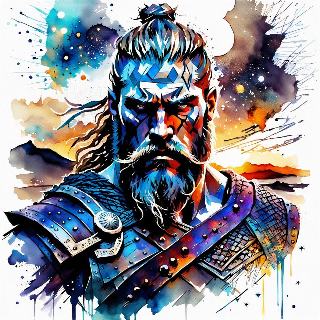 Viking in Fantasy Landscape Watercolor Art