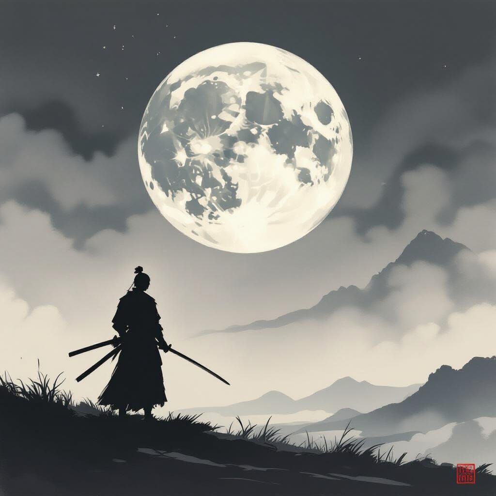 Samurai Under Cracked Moon in Ink Wash Style