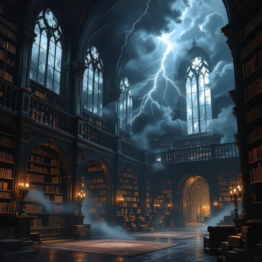 Gothic Library with Lightning in Beksiński Style
