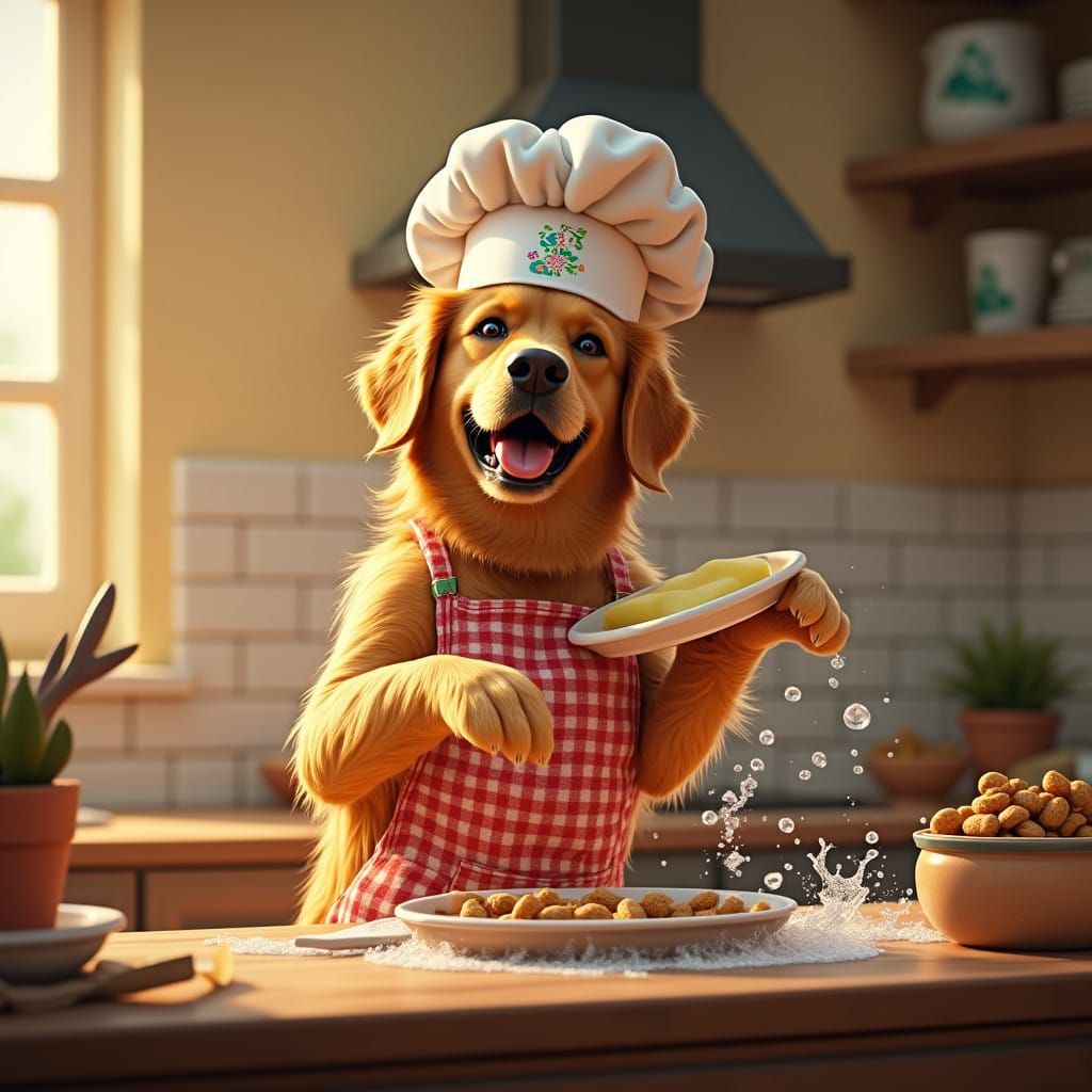 Golden Retriever in Chef's Hat Washing Dishes in Cozy Kitche...