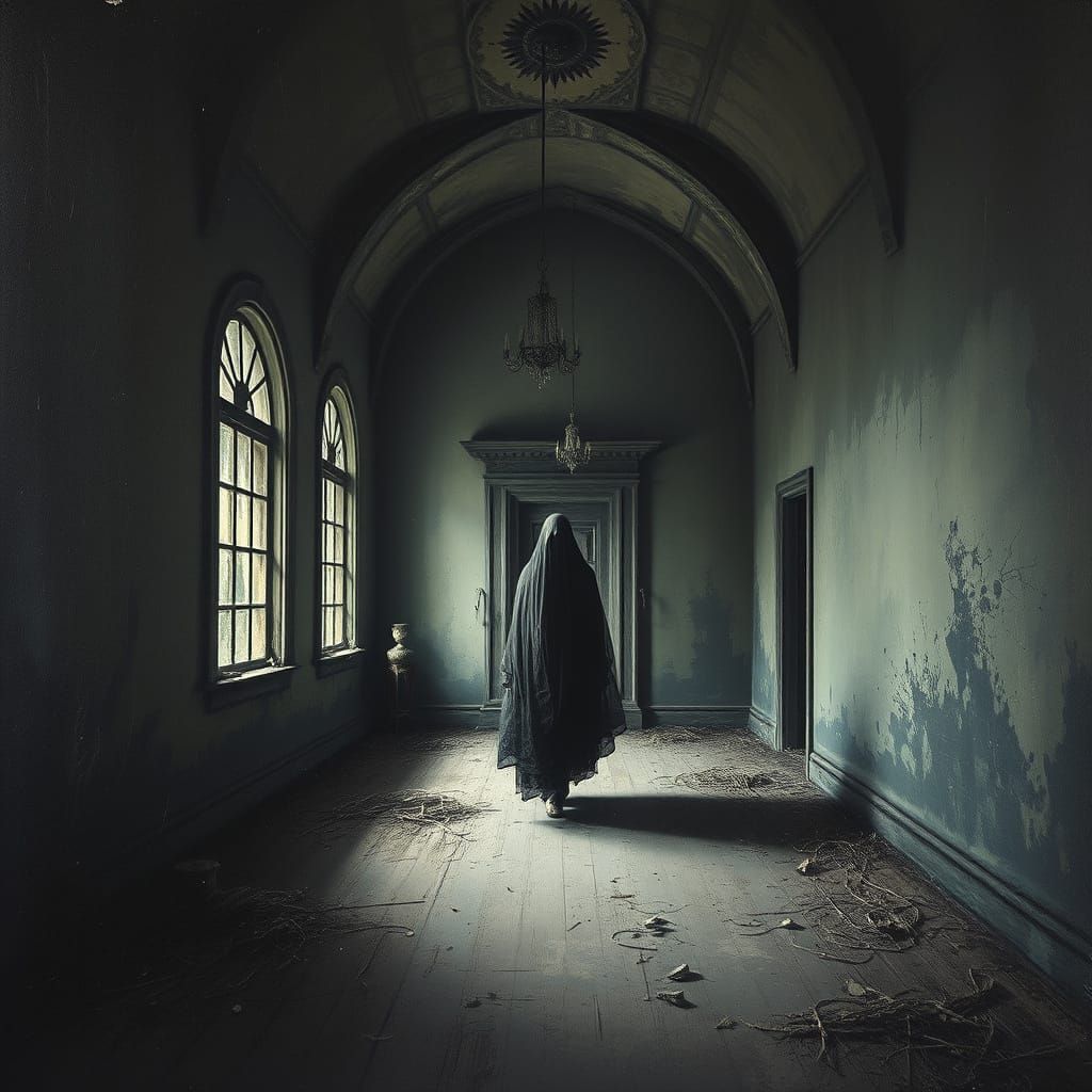 Ethereal Figure Adrift in a Forgotten Estate