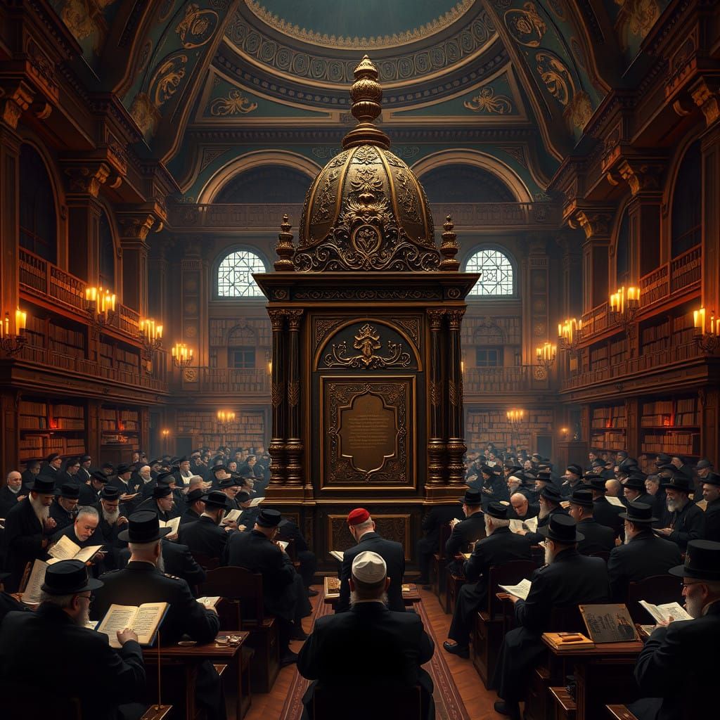 Traditional Chasidic Men in Deep Study and Devotion in Ornat...