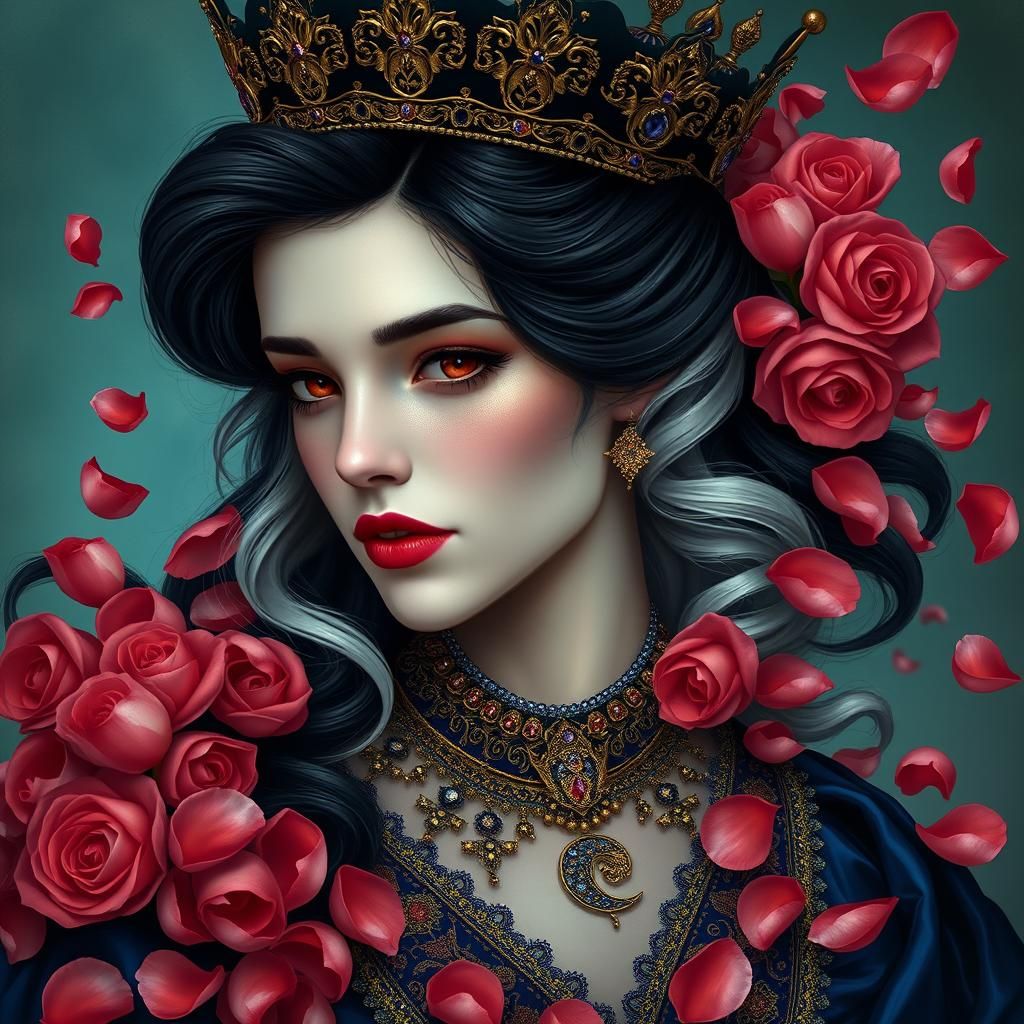 Woman in Coronation Gown with Falling Rose Petals