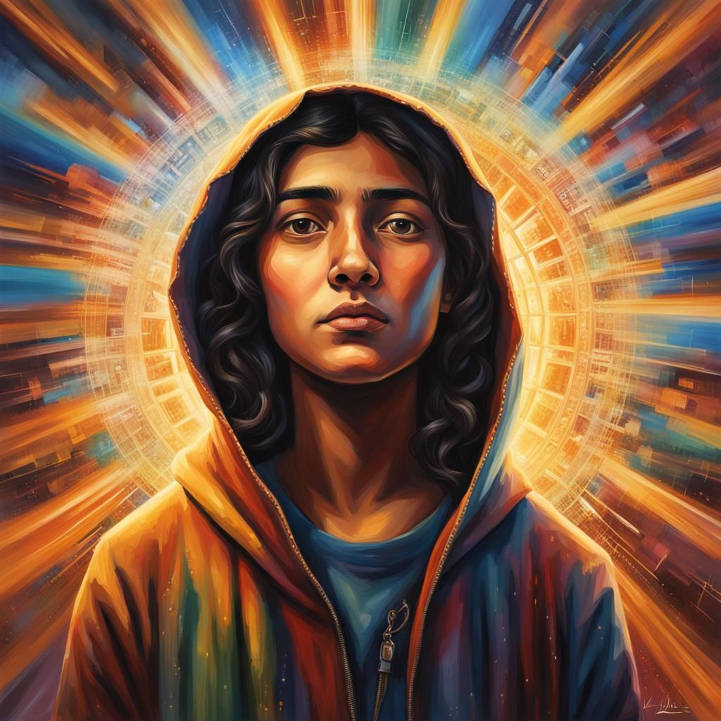 Lama Jamous, the Palestinian young journalist, surrounded by a halo of light, symbolizing the courage and enlightenment ...