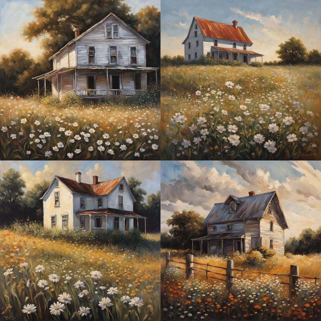 White Farmhouse in Field of Flowers as Conte Crayon Art