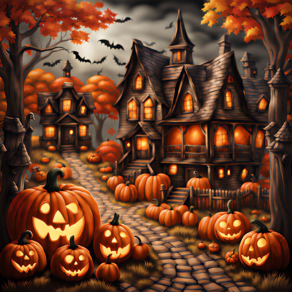 Haunted Village with Fall Foliage and Pumpkins