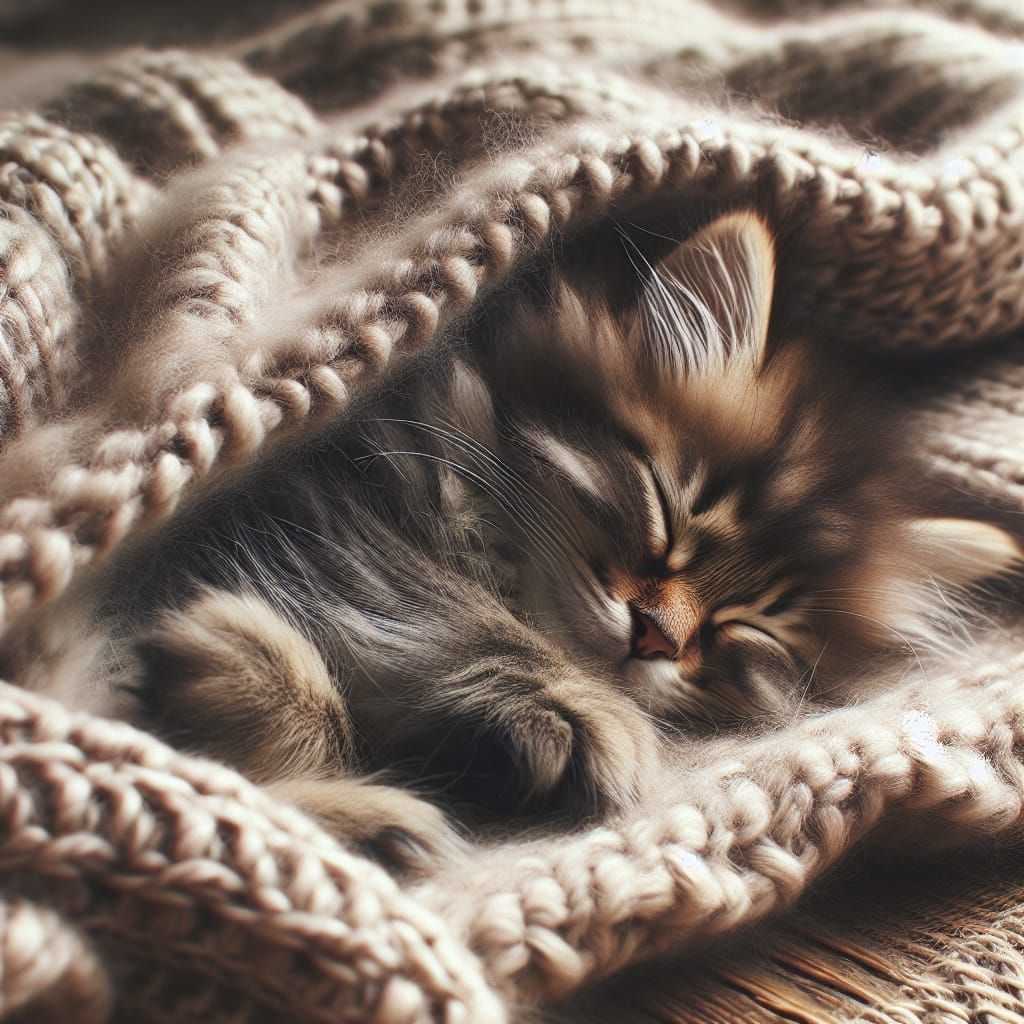 Fluffy Kitten Snuggled in Plush Blanket