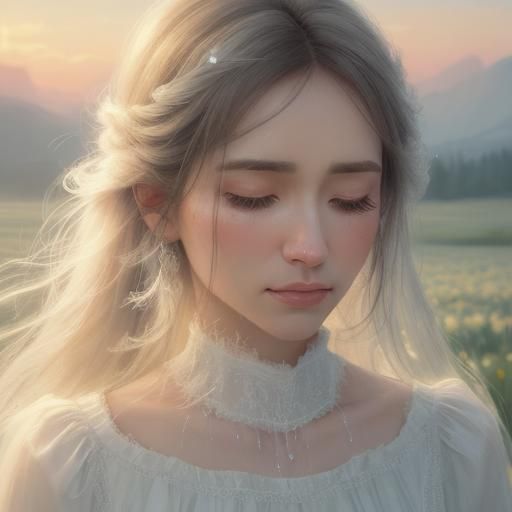 Woman Weeping in Heavenly Landscape as Oil Painting