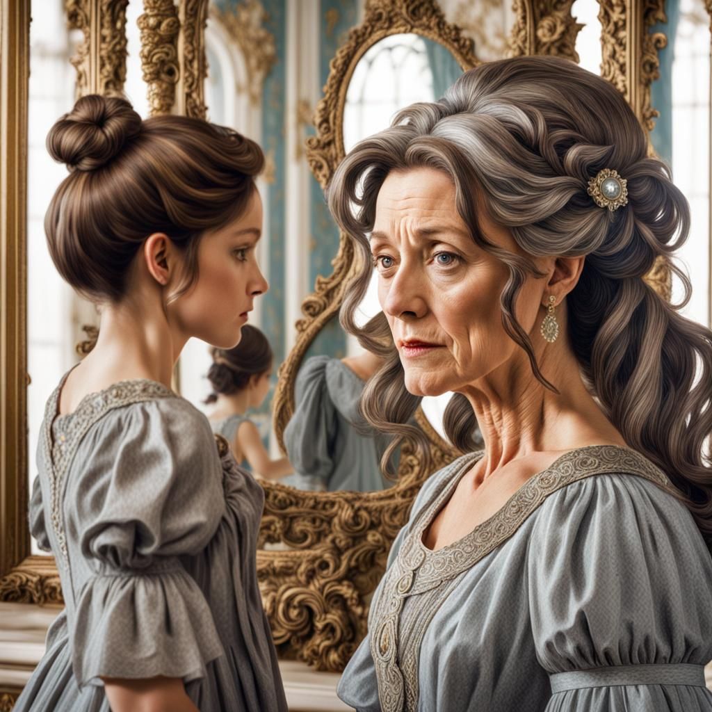 Woman and Child in Ornate Mirror Reflection