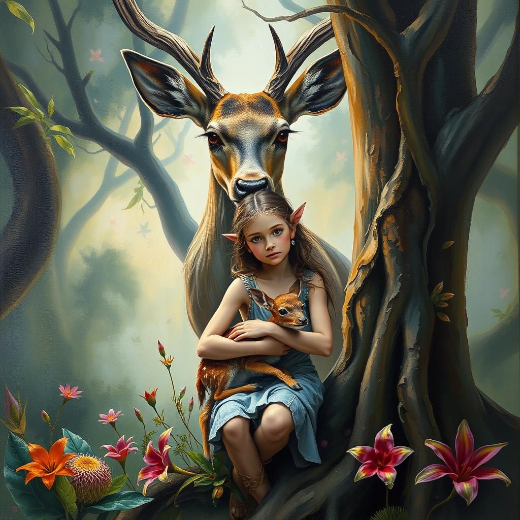 Faun and Deer in Jungle, Oil Painting Style