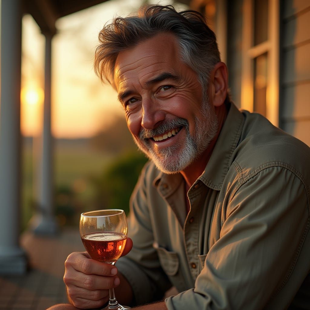 Mid-Aged Gentleman Savoring Sunset on Porch in Classic Portr...