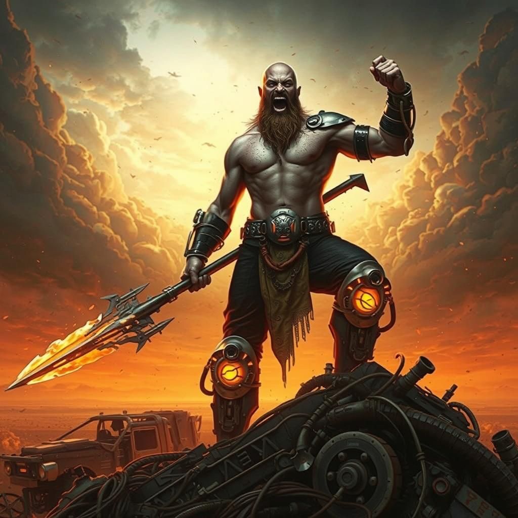 Cyberpunk Warrior Triumphant in Post-Apocalyptic Wasteland