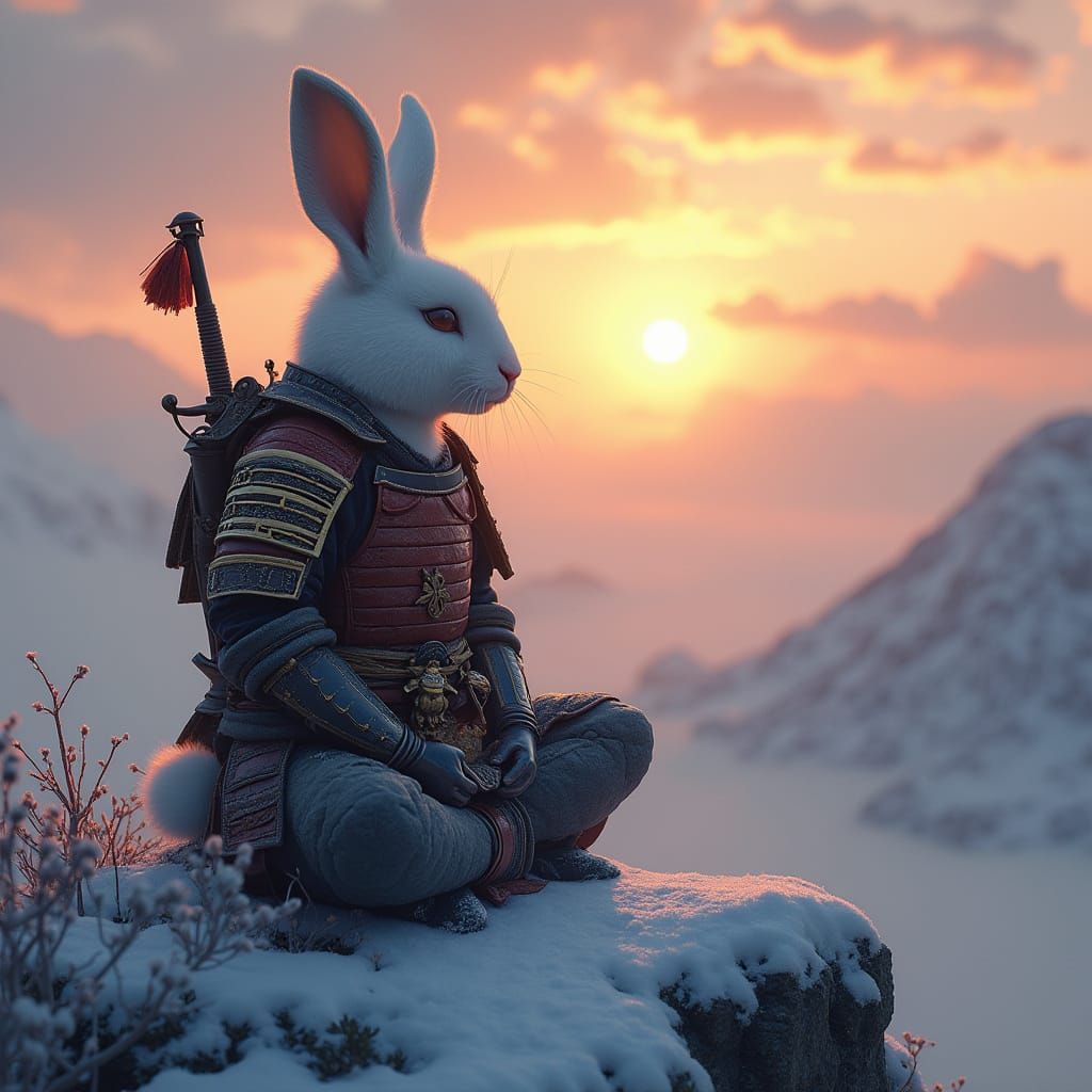 Bunny Samurai Meditates on Snowy Mountain