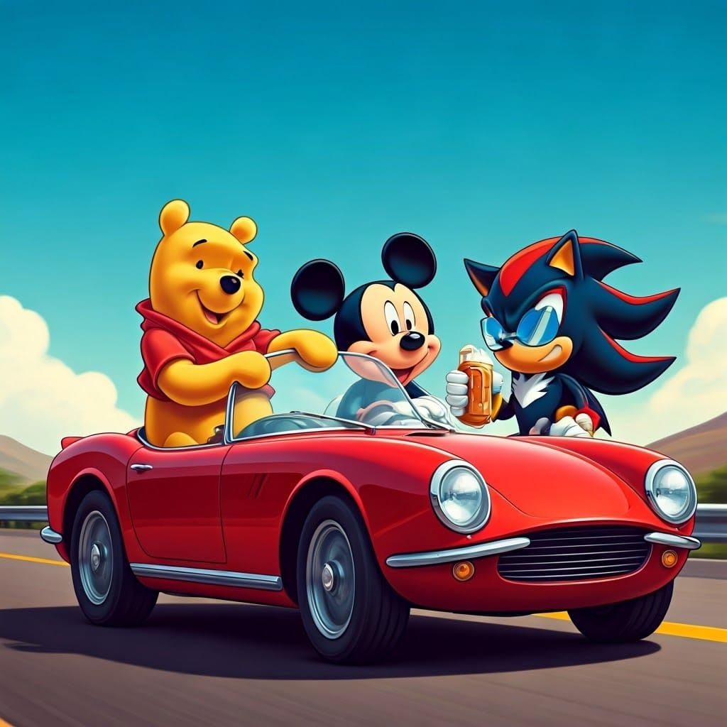 Surreal Cartoon Heroes Cruise Down Sunny Highway in Vibrant ...